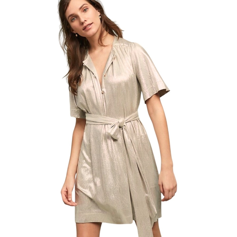 Sabina Musayev Dress Large Metallic‎ Shimmer Pleated Mini Button Front Belted